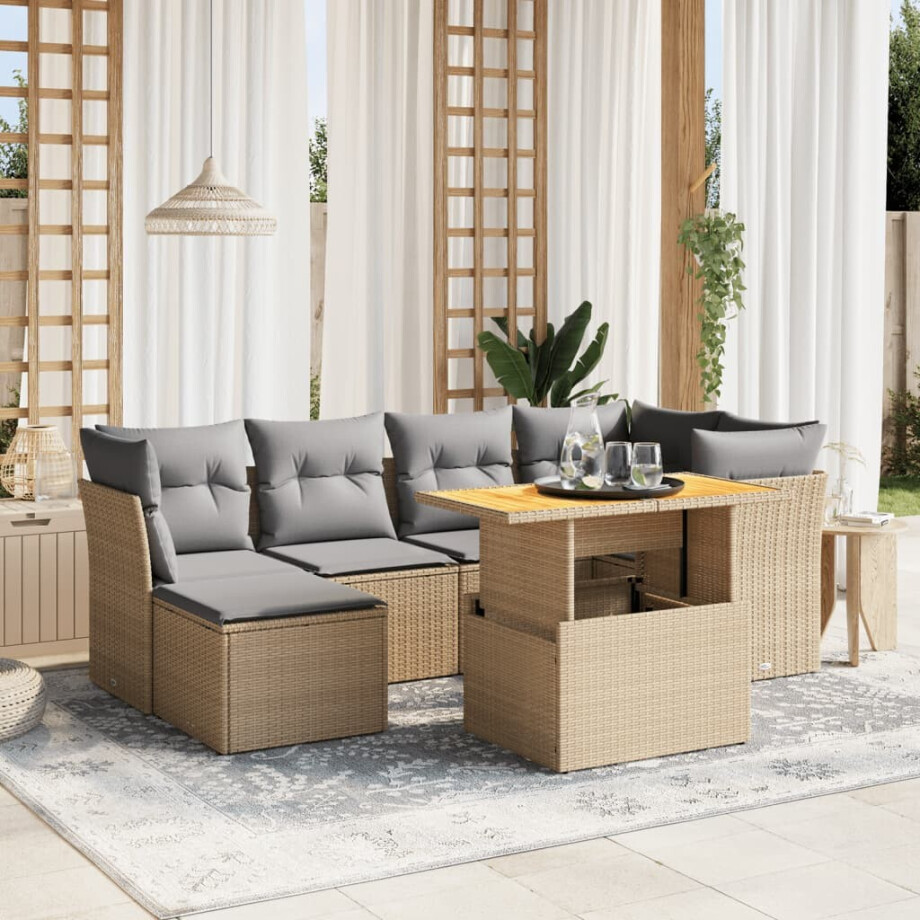 vidaXL 7-delige Loungeset met kussens poly rattan beige afbeelding 1