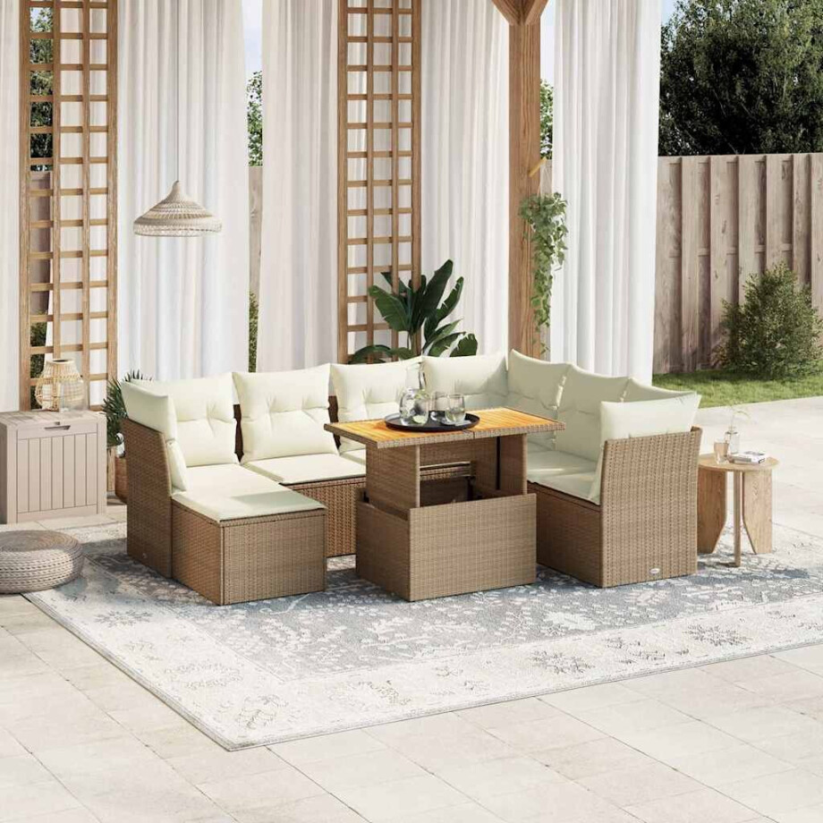 vidaXL 8-delige Loungeset met kussens poly rattan beige afbeelding 1
