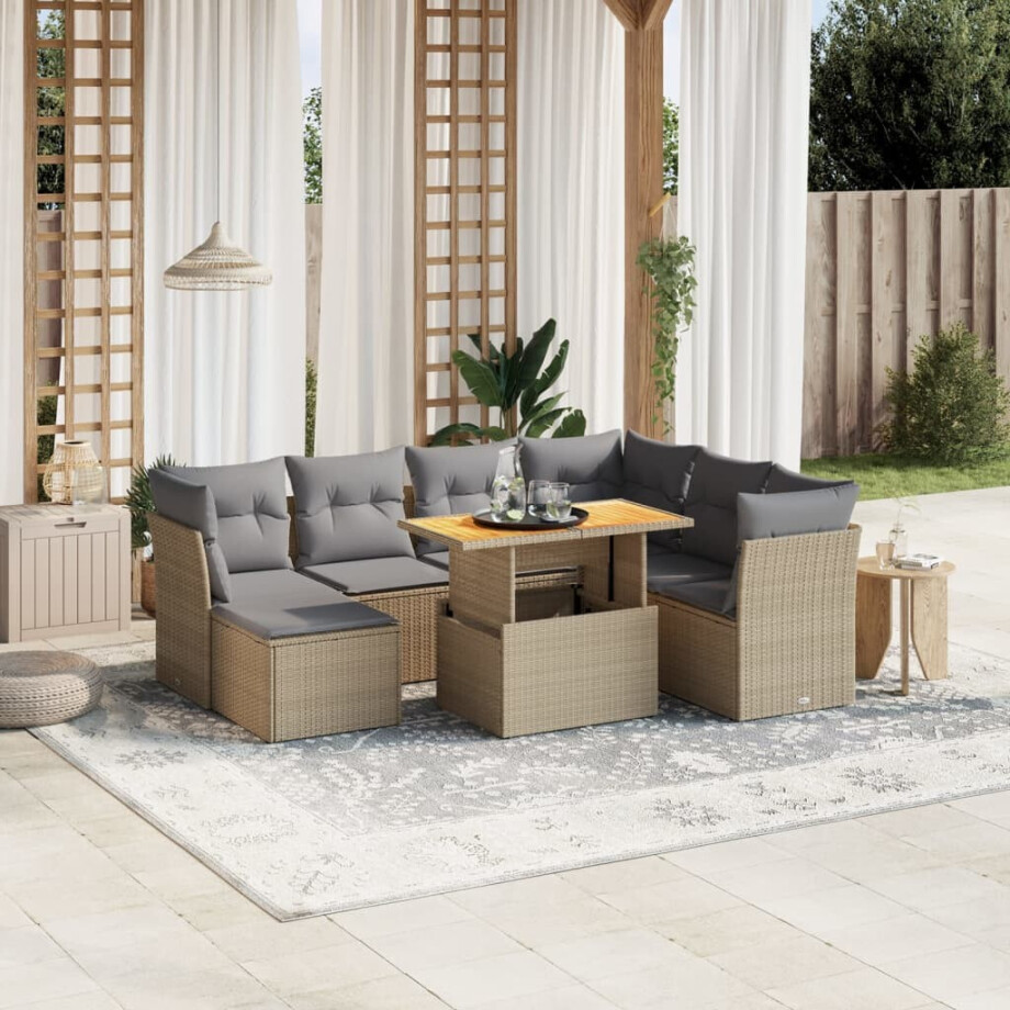 vidaXL 8-delige Loungeset met kussens poly rattan beige afbeelding 1