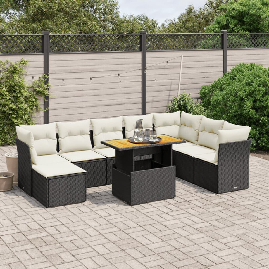 vidaXL 9-delige Loungeset met kussens poly rattan zwart afbeelding 1