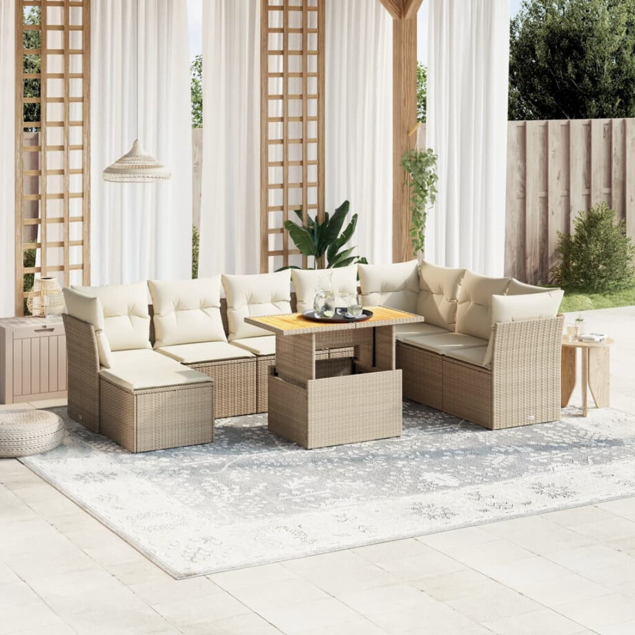 vidaXL 9-delige Loungeset met kussens poly rattan beige afbeelding 1