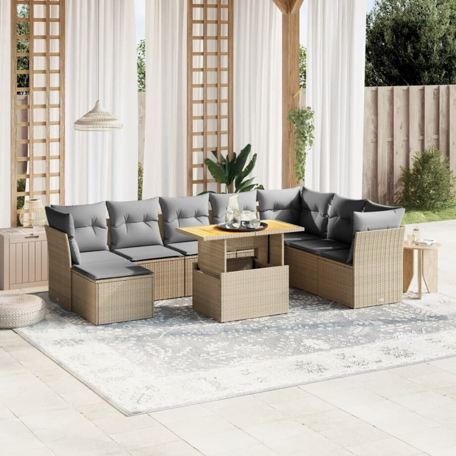 vidaXL 9-delige Loungeset met kussens poly rattan beige afbeelding 1