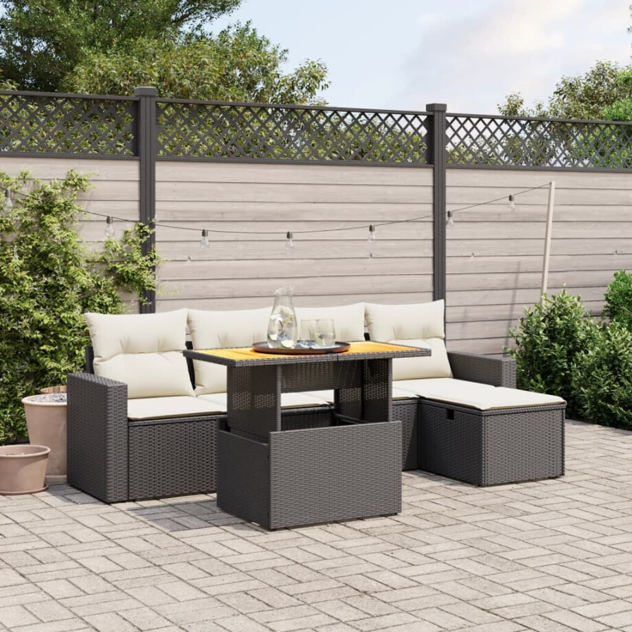 vidaXL 6-delige Loungeset met kussens poly rattan zwart afbeelding 1