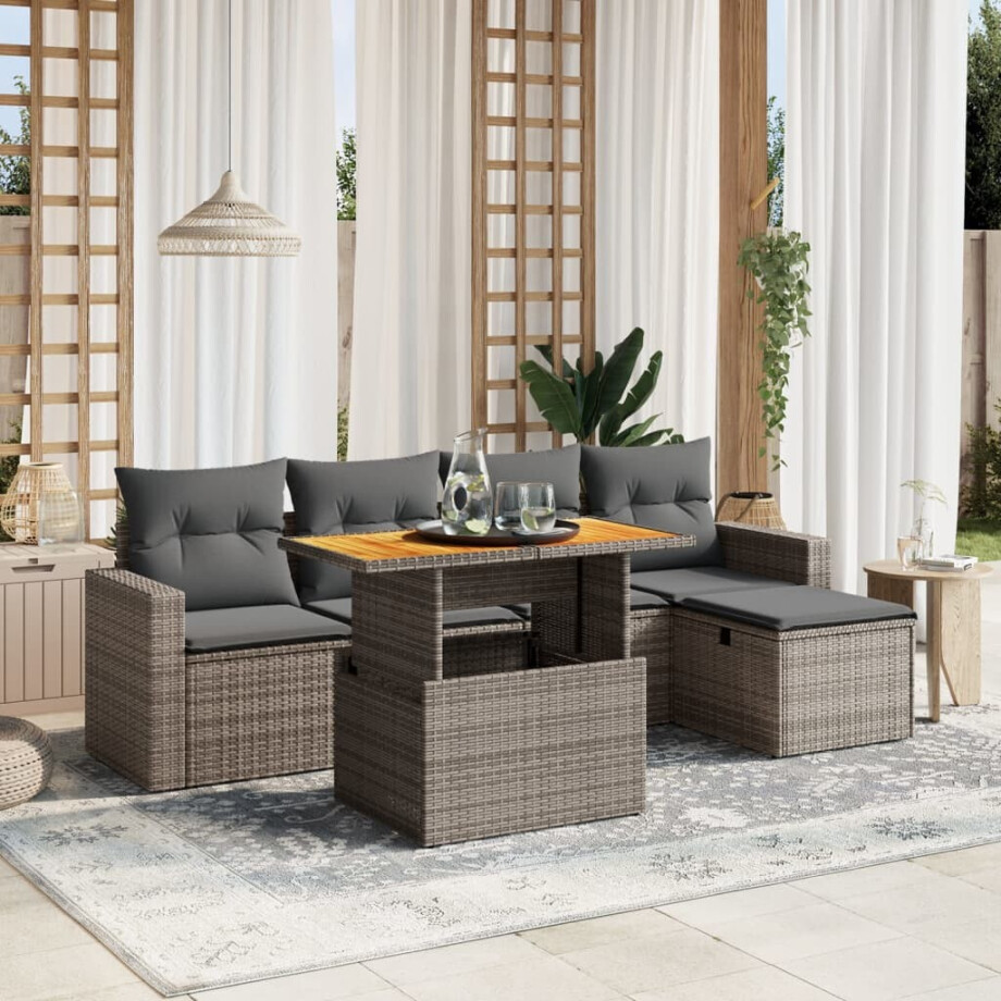 vidaXL 6-delige Loungeset met kussens poly rattan grijs afbeelding 1