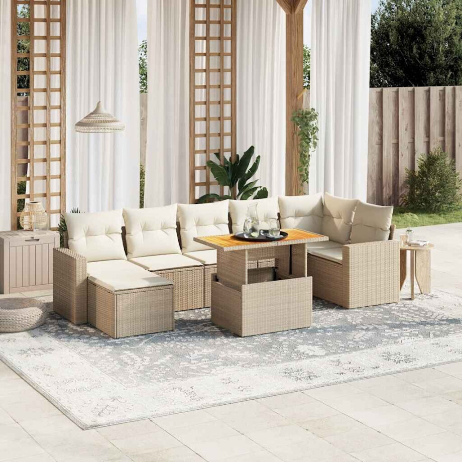 vidaXL 8-delige Loungeset met kussens poly rattan beige vidaXL 8-delige Loungeset met kussens poly rattan beige afbeelding 1