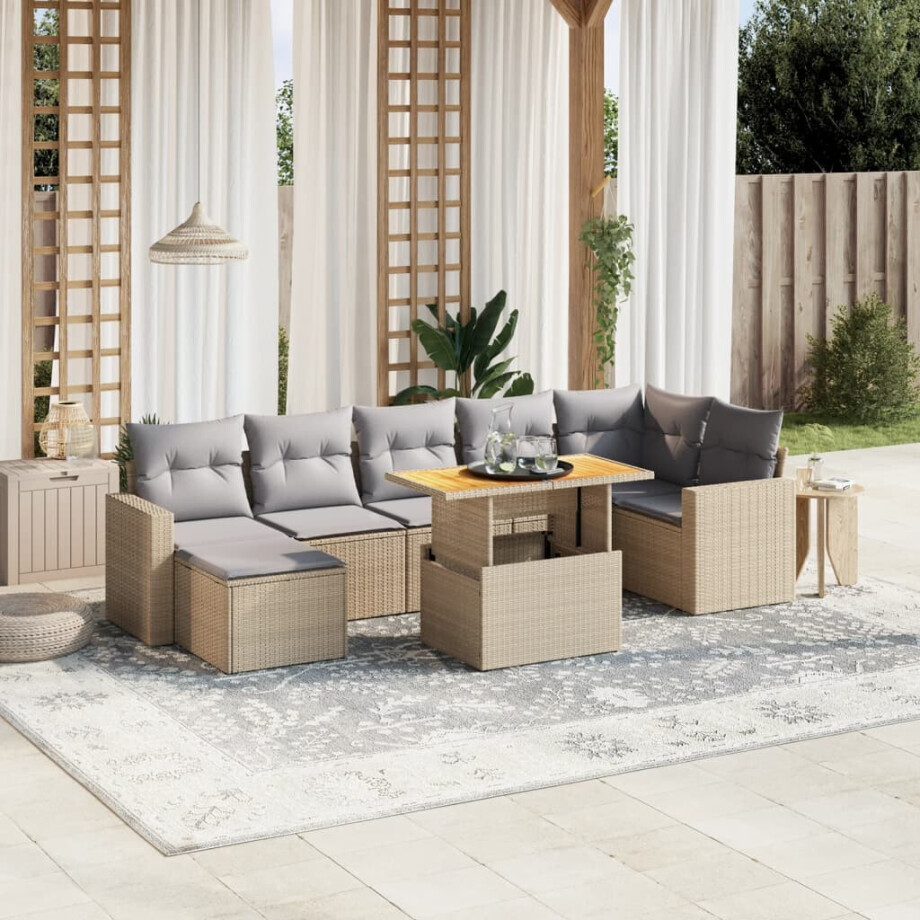 vidaXL 8-delige Loungeset met kussens poly rattan beige afbeelding 1