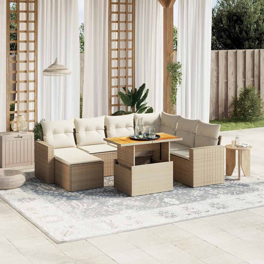 vidaXL 8-delige Loungeset met kussens poly rattan beige afbeelding 1