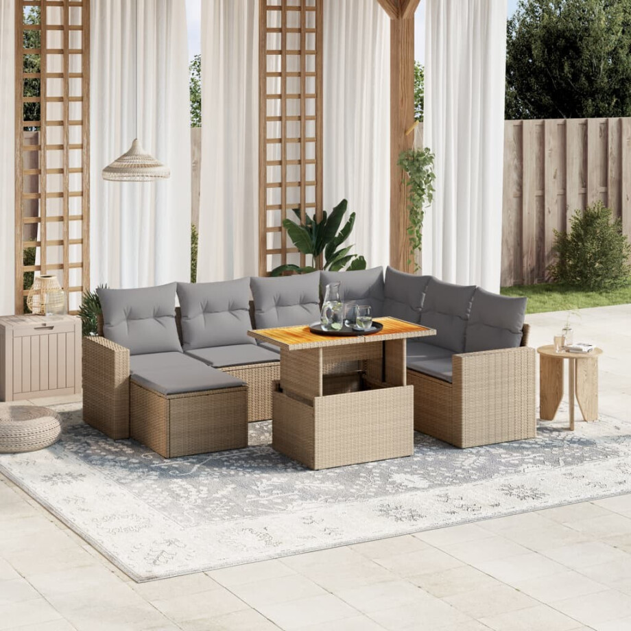 vidaXL 8-delige Loungeset met kussens poly rattan beige afbeelding 1