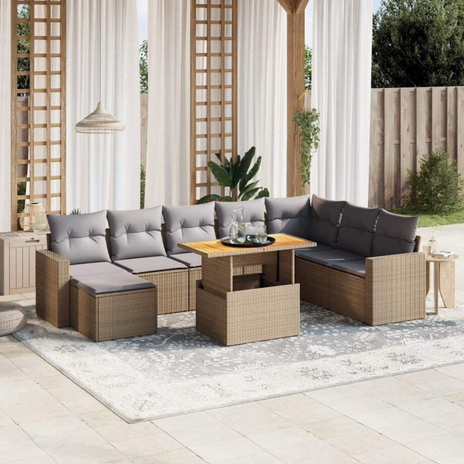 vidaXL 9-delige Loungeset met kussens poly rattan beige afbeelding 1
