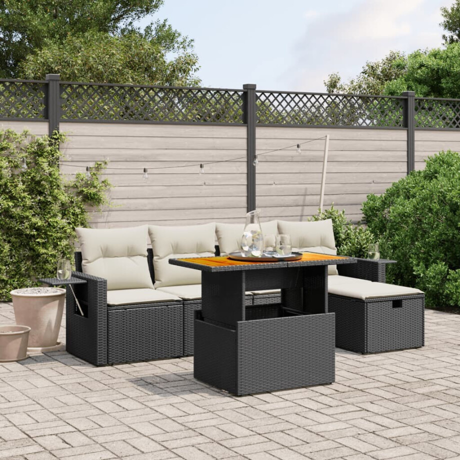 vidaXL 6-delige Loungeset met kussens poly rattan zwart afbeelding 1