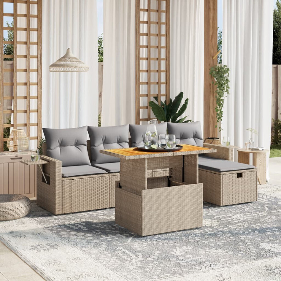 vidaXL 6-delige Loungeset met kussens poly rattan beige afbeelding 1