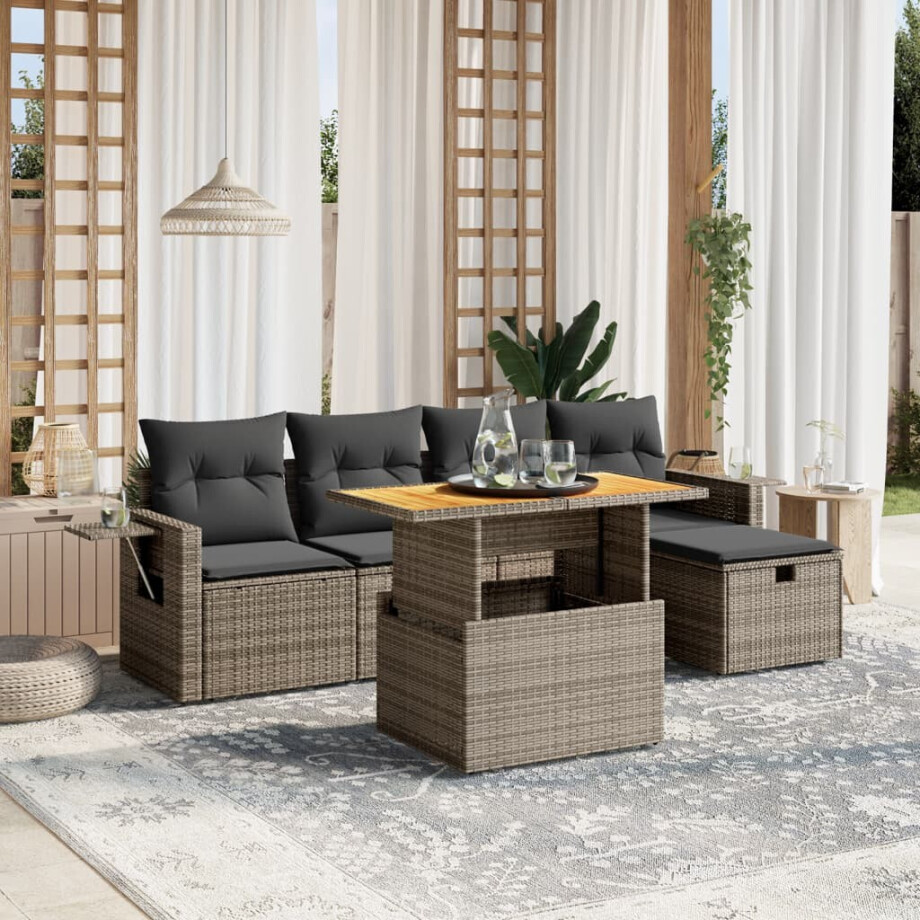 vidaXL 6-delige Loungeset met kussens poly rattan grijs afbeelding 1