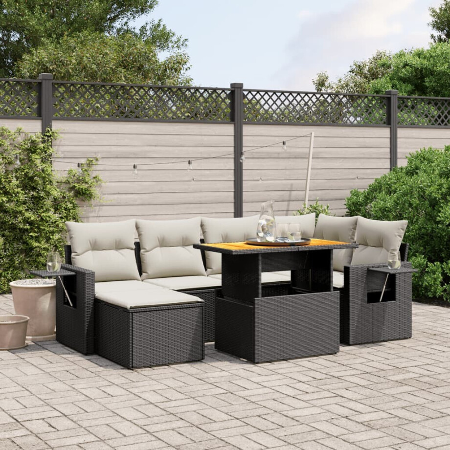 vidaXL 7-delige Loungeset met kussens poly rattan zwart afbeelding 1