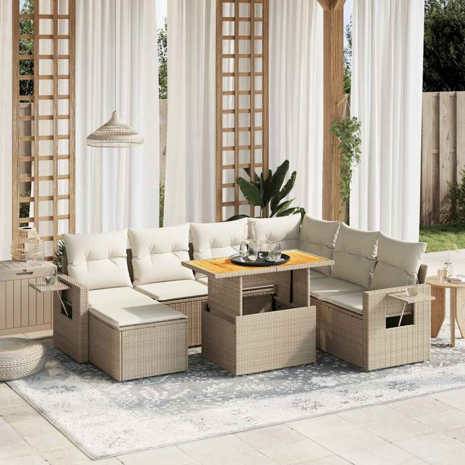vidaXL 8-delige Loungeset met kussens poly rattan beige afbeelding 1