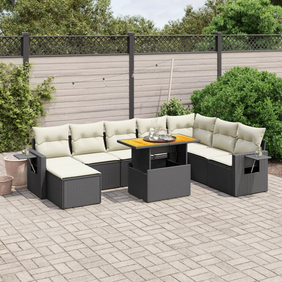 vidaXL 9-delige Loungeset met kussens poly rattan zwart afbeelding 1