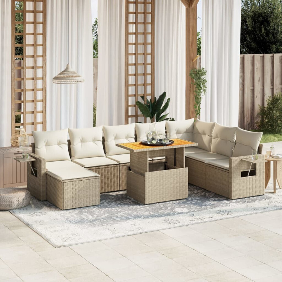 vidaXL 9-delige Loungeset met kussens poly rattan beige afbeelding 1