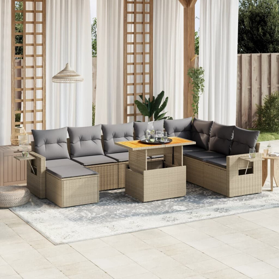 vidaXL 9-delige Loungeset met kussens poly rattan beige afbeelding 1