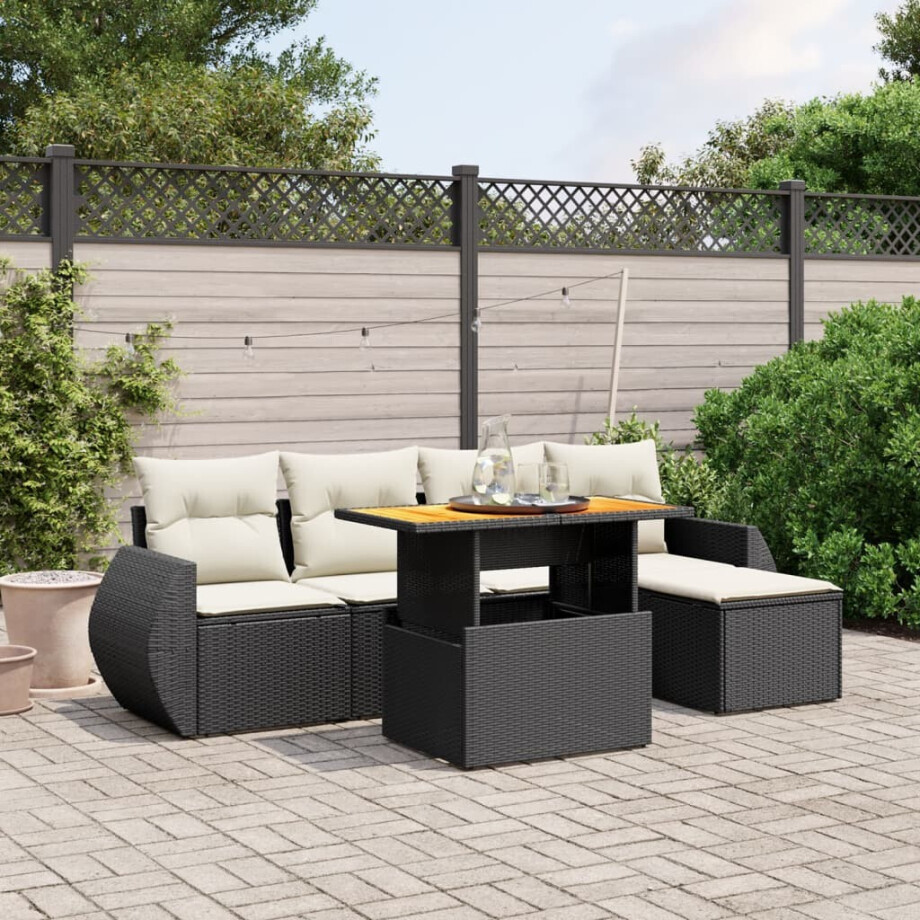 vidaXL 6-delige Loungeset met kussens poly rattan zwart afbeelding 1