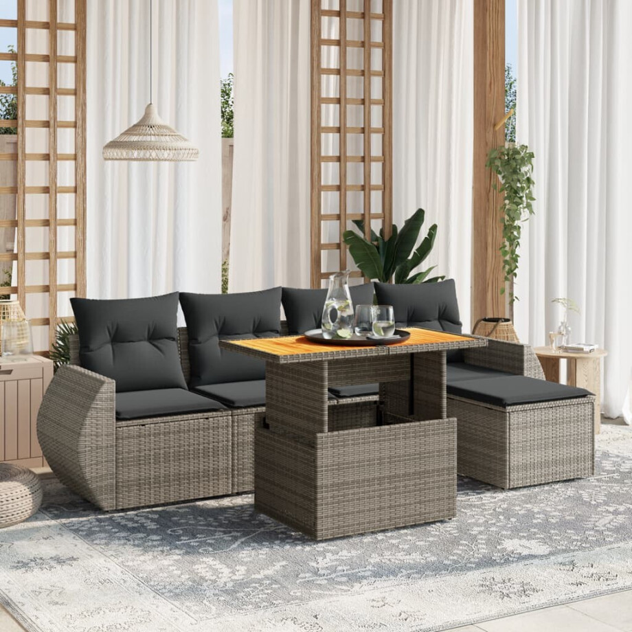 vidaXL 6-delige Loungeset met kussens poly rattan grijs afbeelding 1