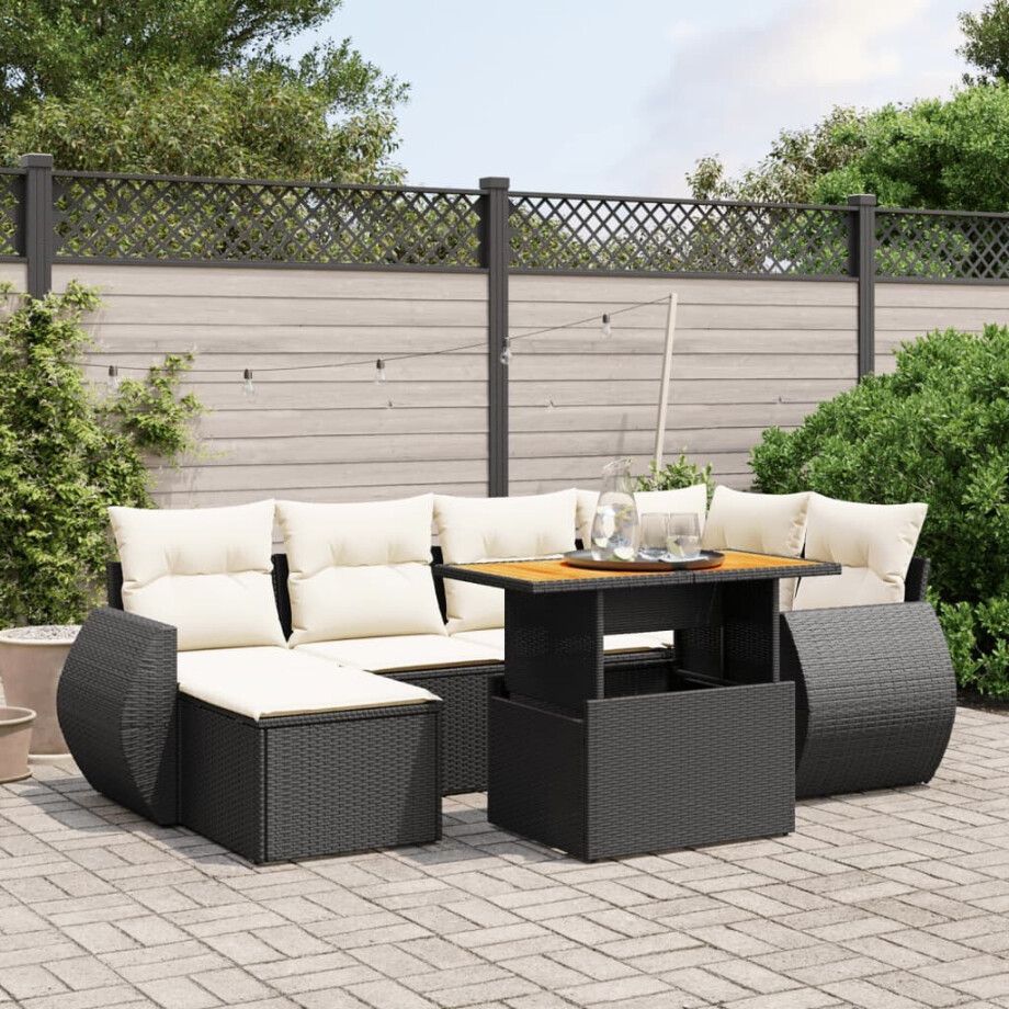 vidaXL 7-delige Loungeset met kussens poly rattan zwart afbeelding 1