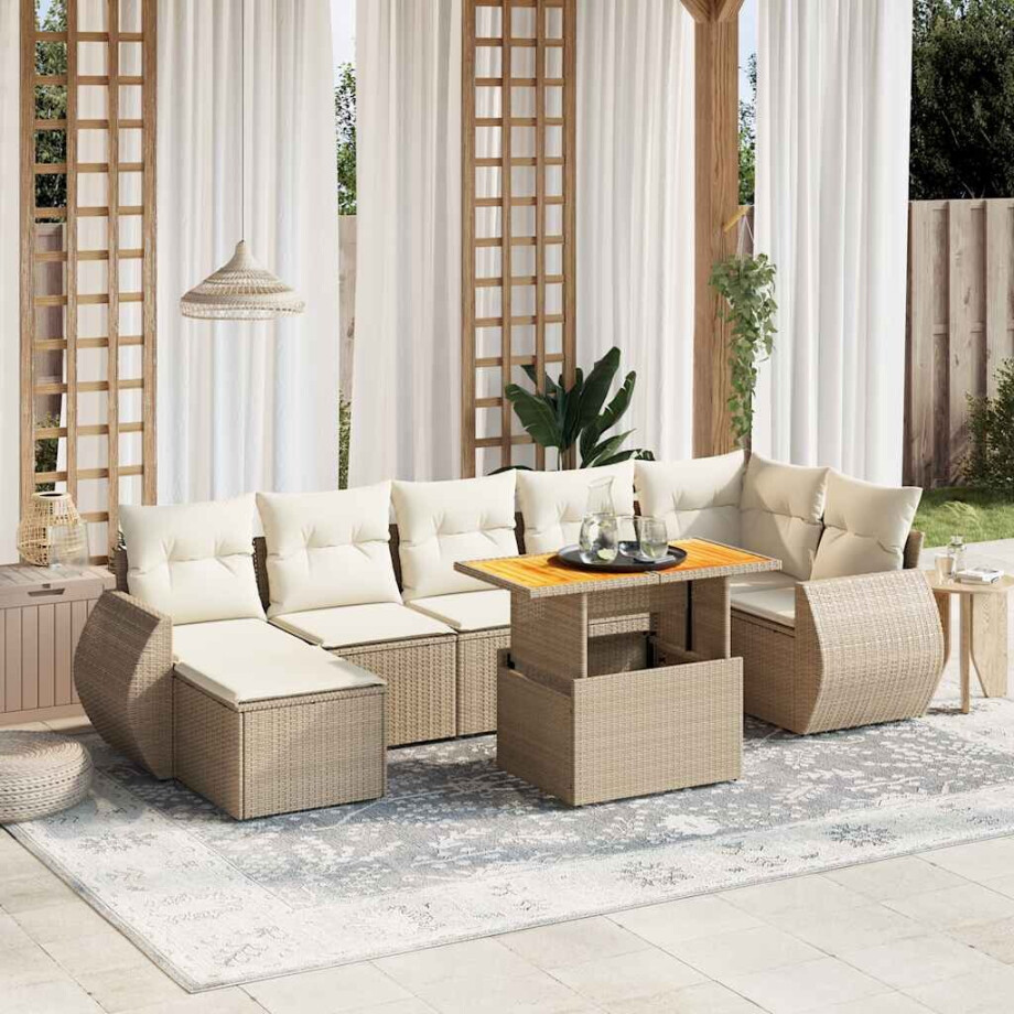 vidaXL 8-delige Loungeset met kussens poly rattan beige afbeelding 1