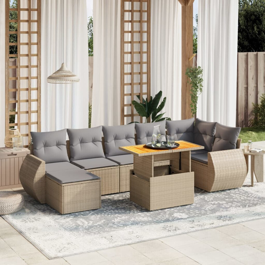vidaXL 8-delige Loungeset met kussens poly rattan beige afbeelding 1