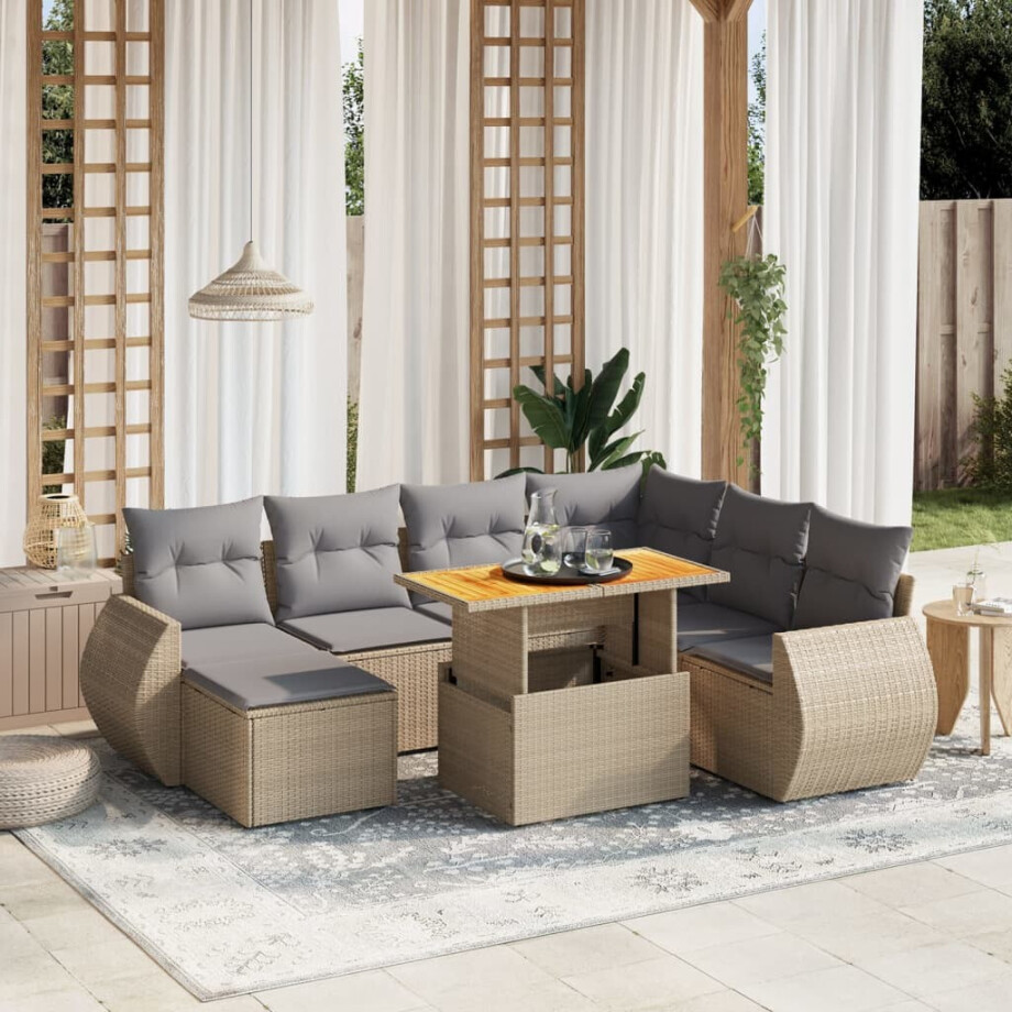 vidaXL 8-delige Loungeset met kussens poly rattan beige afbeelding 1
