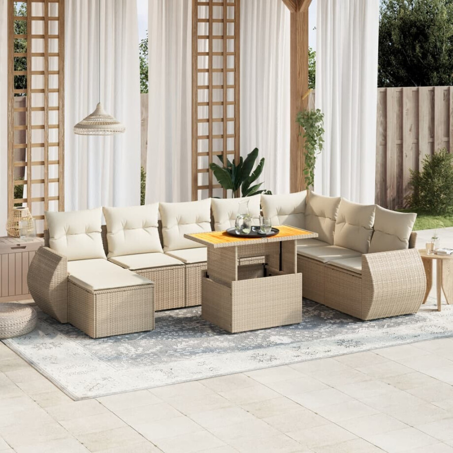 vidaXL 9-delige Loungeset met kussens poly rattan beige afbeelding 1