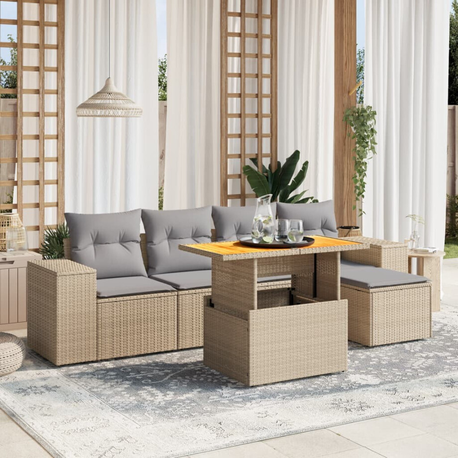 vidaXL 6-delige Loungeset met kussens poly rattan beige afbeelding 1