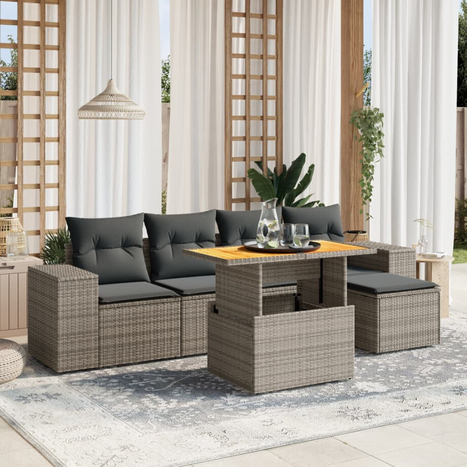 vidaXL 6-delige Loungeset met kussens poly rattan grijs afbeelding 1