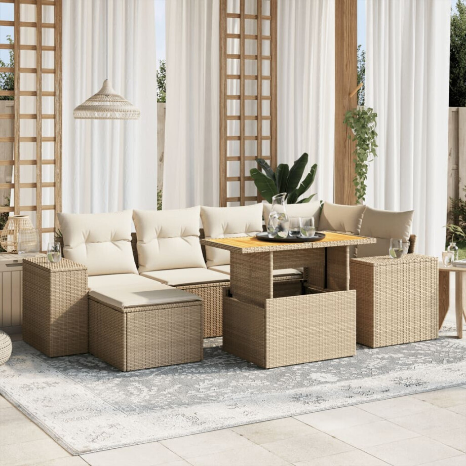 vidaXL 7-delige Loungeset met kussens poly rattan beige afbeelding 1