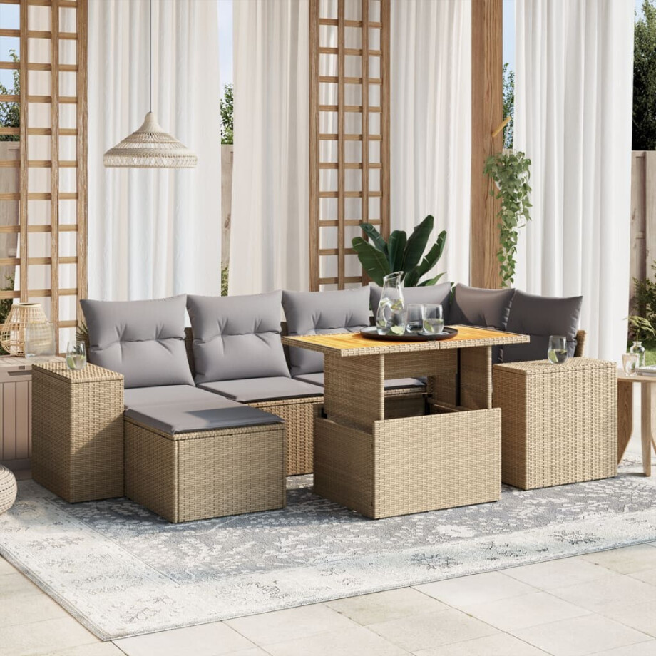 vidaXL 7-delige Loungeset met kussens poly rattan beige afbeelding 1