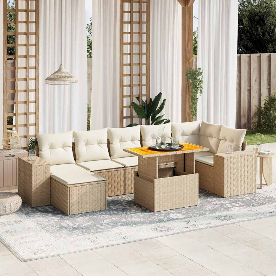 vidaXL 8-delige Loungeset met kussens poly rattan beige afbeelding 1