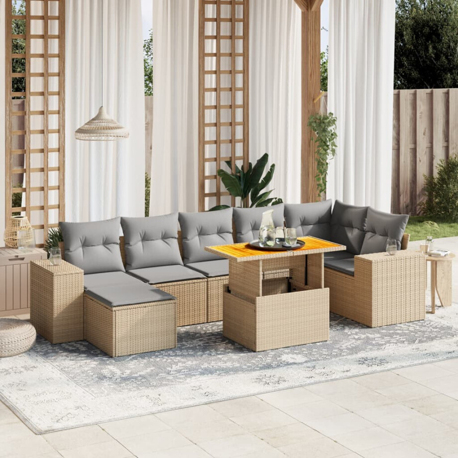vidaXL 8-delige Loungeset met kussens poly rattan beige afbeelding 1