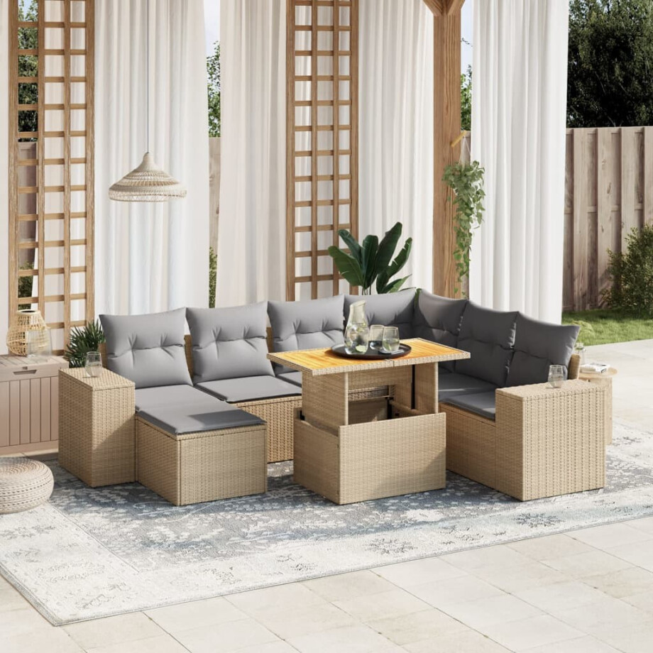 vidaXL 8-delige Loungeset met kussens poly rattan beige afbeelding 1