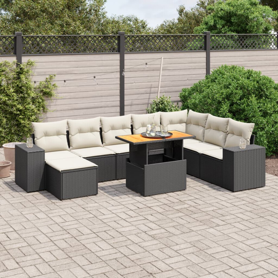 vidaXL 9-delige Loungeset met kussens poly rattan zwart afbeelding 1