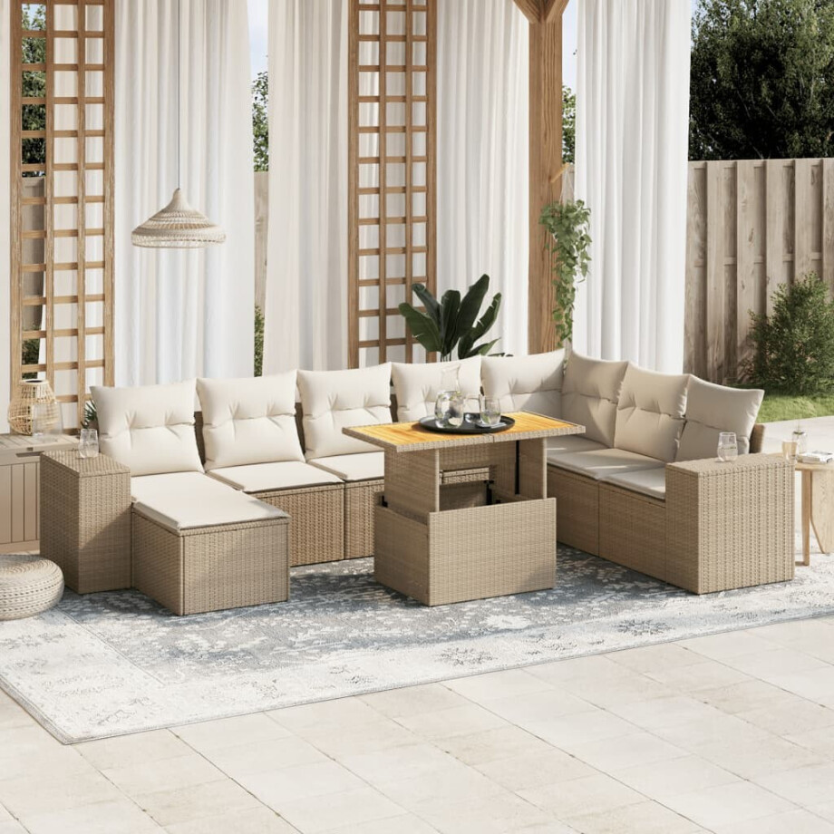 vidaXL 9-delige Loungeset met kussens poly rattan beige afbeelding 1