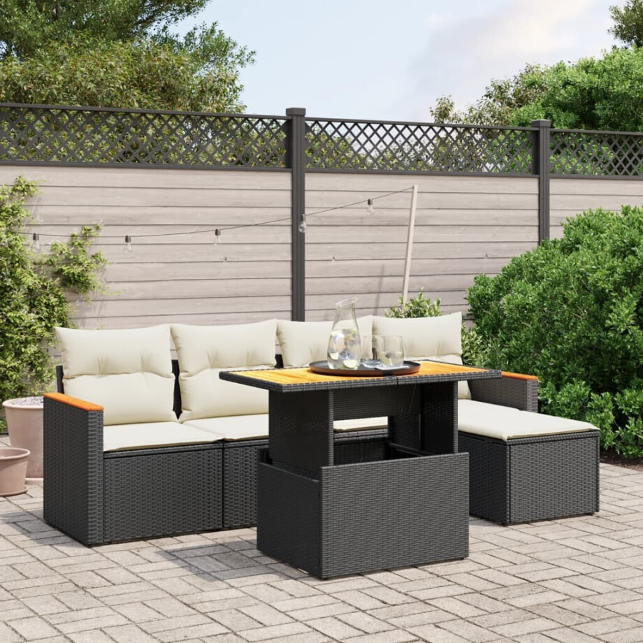 vidaXL 6-delige Loungeset met kussens poly rattan zwart afbeelding 1