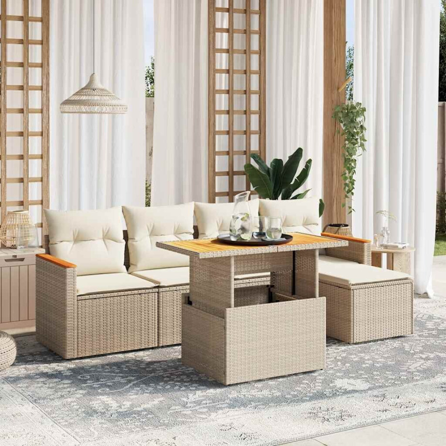 vidaXL 6-delige Loungeset met kussens poly rattan beige afbeelding 1