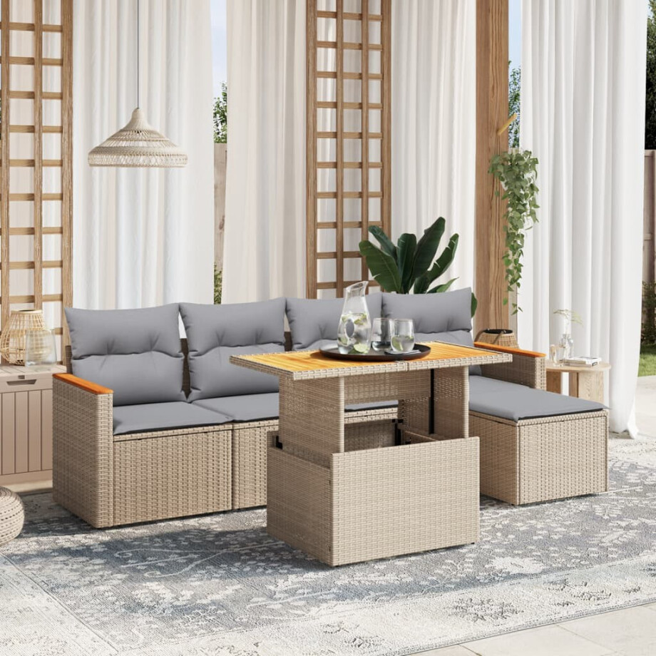 vidaXL 6-delige Loungeset met kussens poly rattan beige afbeelding 1