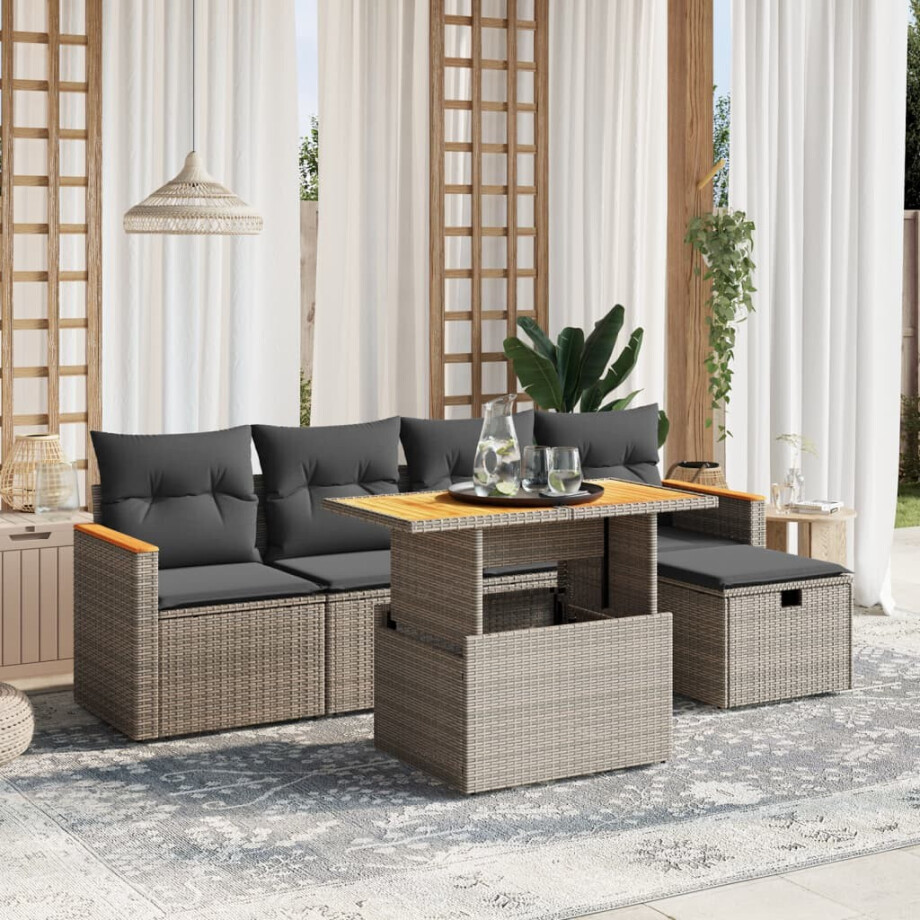 vidaXL 6-delige Loungeset met kussens poly rattan grijs afbeelding 1