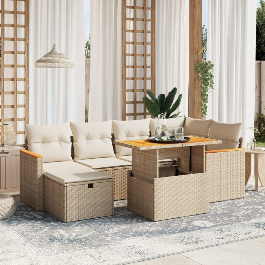 vidaXL 7-delige Loungeset met kussens poly rattan beige afbeelding 1