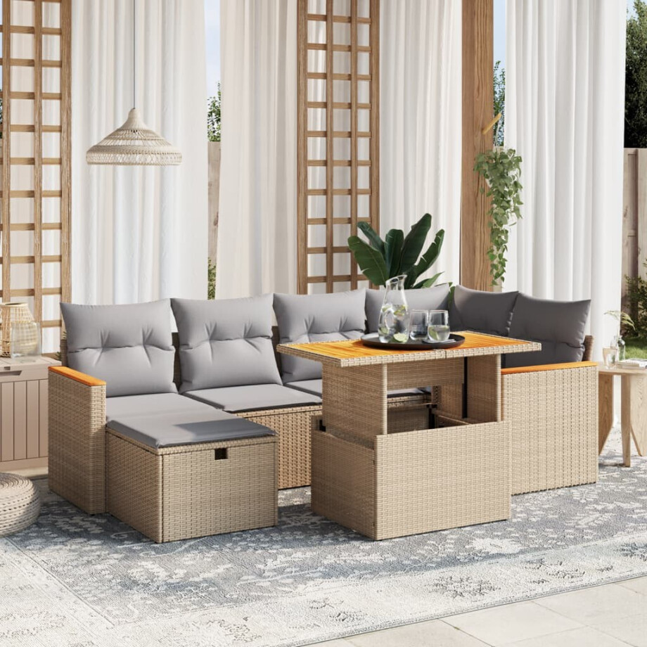 vidaXL 7-delige Loungeset met kussens poly rattan beige afbeelding 1