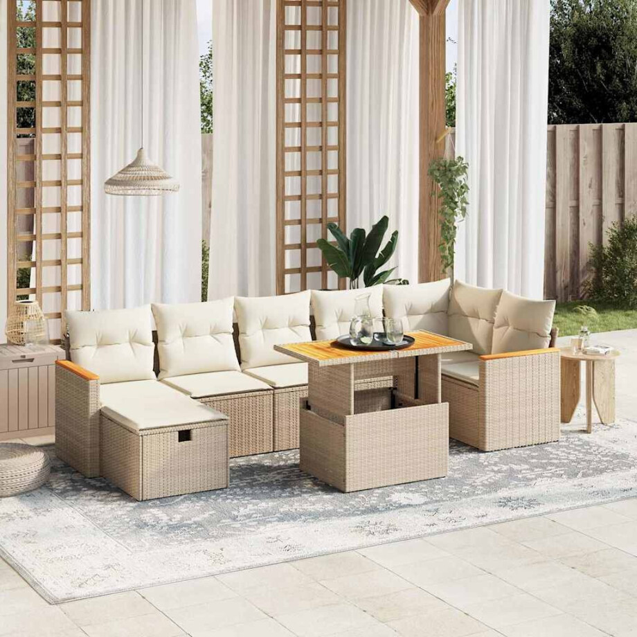 vidaXL 8-delige Loungeset met kussens poly rattan beige afbeelding 1