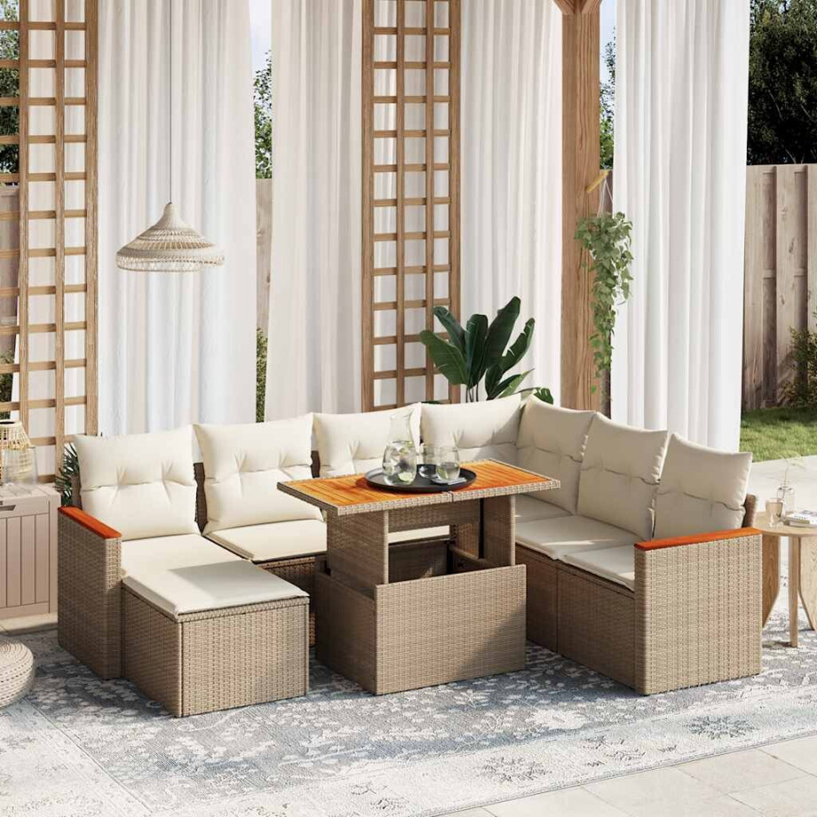 vidaXL 8-delige Loungeset met kussens poly rattan beige afbeelding 1