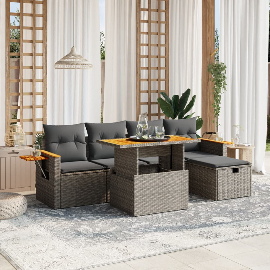 vidaXL 6-delige Loungeset met kussens poly rattan grijs afbeelding 1