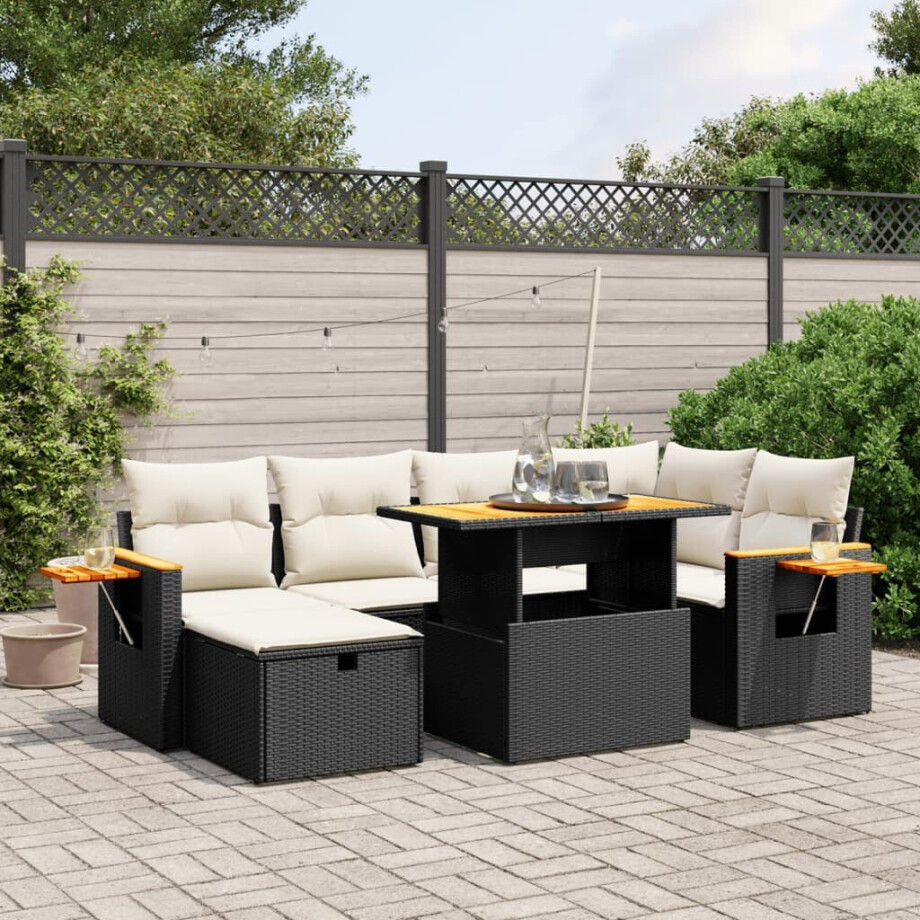 vidaXL 7-delige Loungeset met kussens poly rattan zwart afbeelding 1