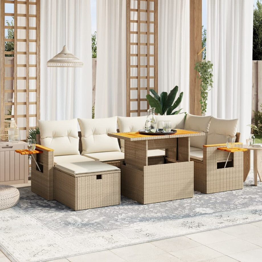 vidaXL 7-delige Loungeset met kussens poly rattan beige afbeelding 1
