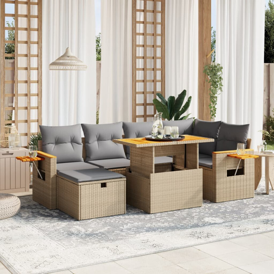 vidaXL 7-delige Loungeset met kussens poly rattan beige afbeelding 1