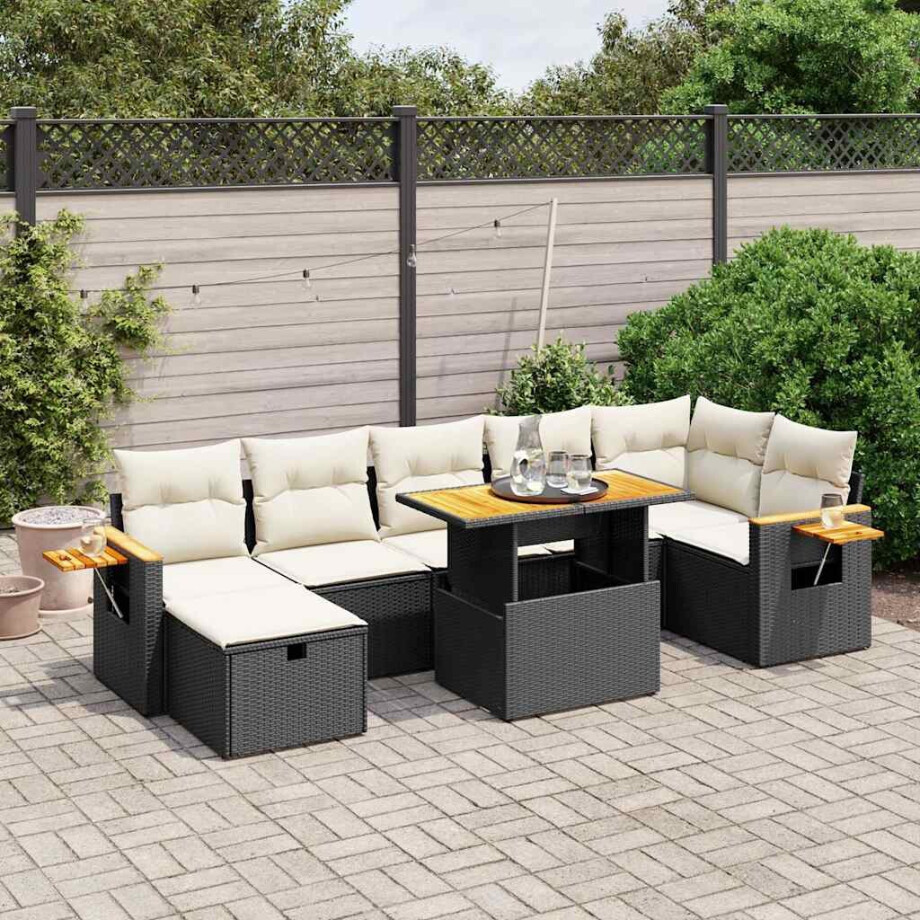vidaXL 8-delige Loungeset met kussens poly rattan zwart afbeelding 1